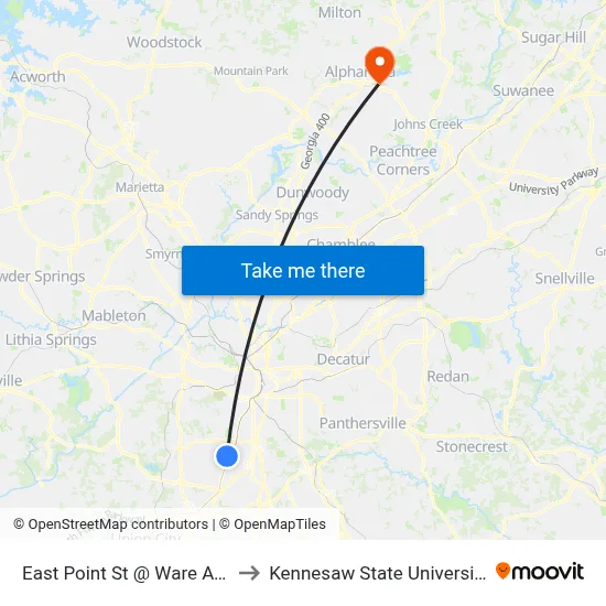 East Point St @ Ware Ave to Kennesaw State University map
