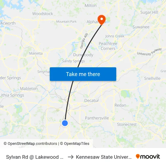 Sylvan Rd @ Lakewood Ave to Kennesaw State University map