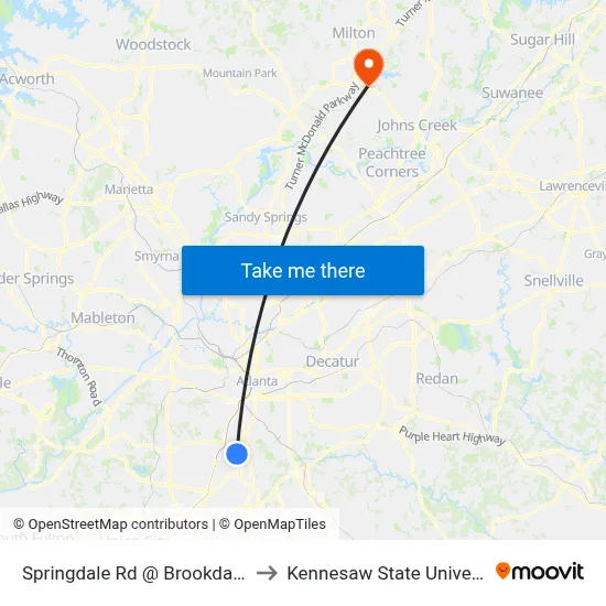 Springdale Rd @ Brookdale Dr to Kennesaw State University map