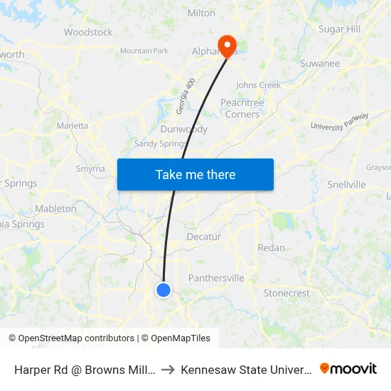 Harper Rd @ Browns Mill Rd to Kennesaw State University map