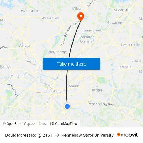 Bouldercrest Rd @ 2151 to Kennesaw State University map