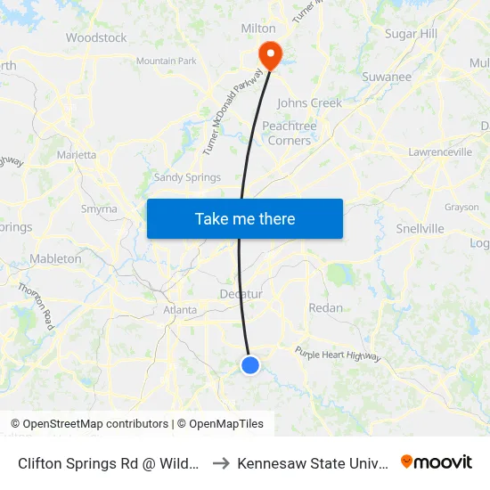 Clifton Springs Rd @ Wildcat Rd to Kennesaw State University map