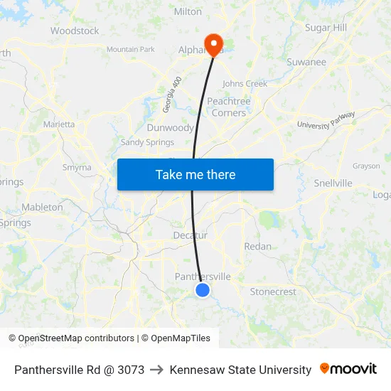 Panthersville Rd @ 3073 to Kennesaw State University map