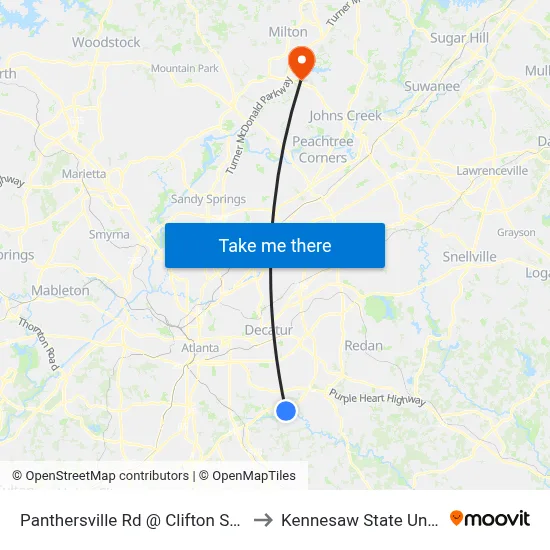 Panthersville Rd @ Clifton Springs Rd to Kennesaw State University map