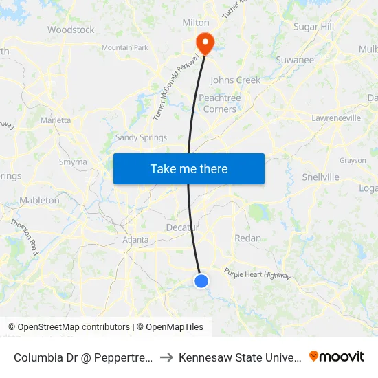 Columbia Dr @ Peppertree Cir to Kennesaw State University map