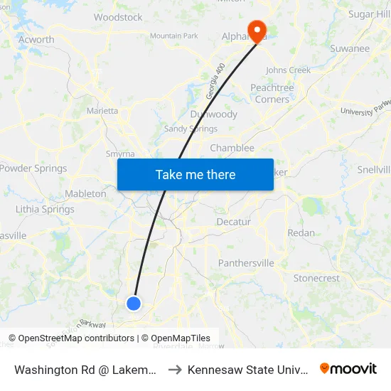 Washington Rd @ Lakemont Dr to Kennesaw State University map