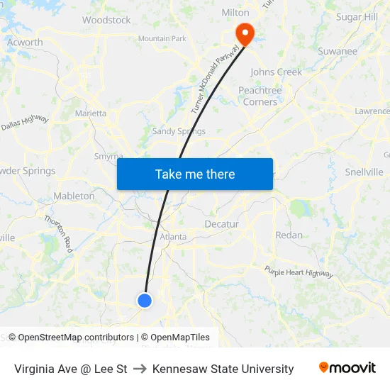 Virginia Ave @ Lee St to Kennesaw State University map