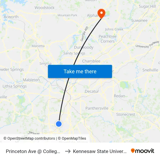 Princeton Ave @ College St to Kennesaw State University map