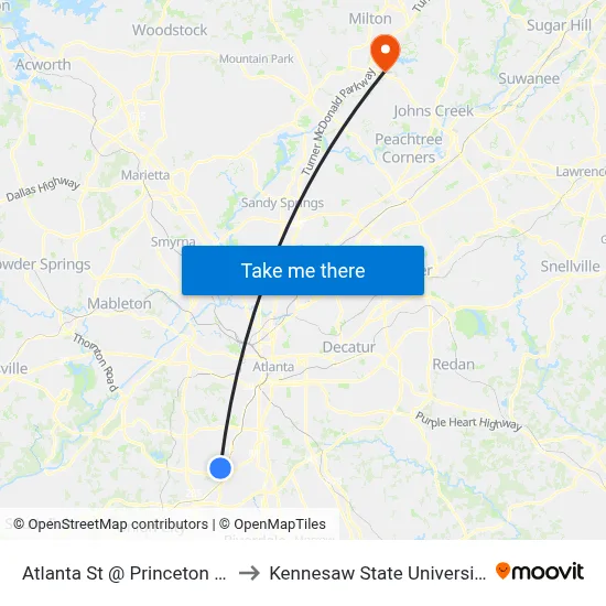 Atlanta St @ Princeton Dr to Kennesaw State University map