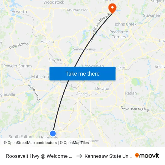 Roosevelt Hwy @ Welcome All Rd SW to Kennesaw State University map