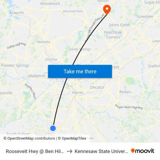 Roosevelt Hwy @ Ben Hill Rd to Kennesaw State University map