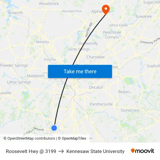 Roosevelt Hwy @ 3199 to Kennesaw State University map