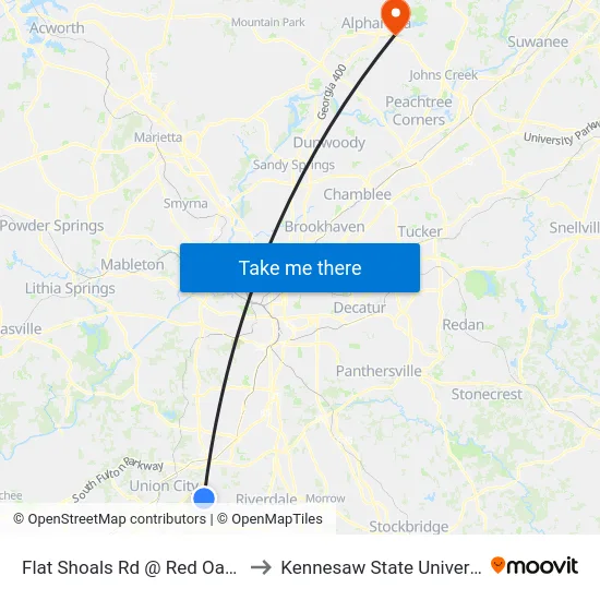 Flat Shoals Rd @ Red Oak Rd to Kennesaw State University map