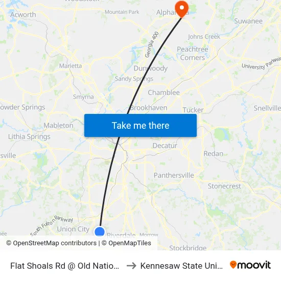 Flat Shoals Rd @ Old National Hwy to Kennesaw State University map