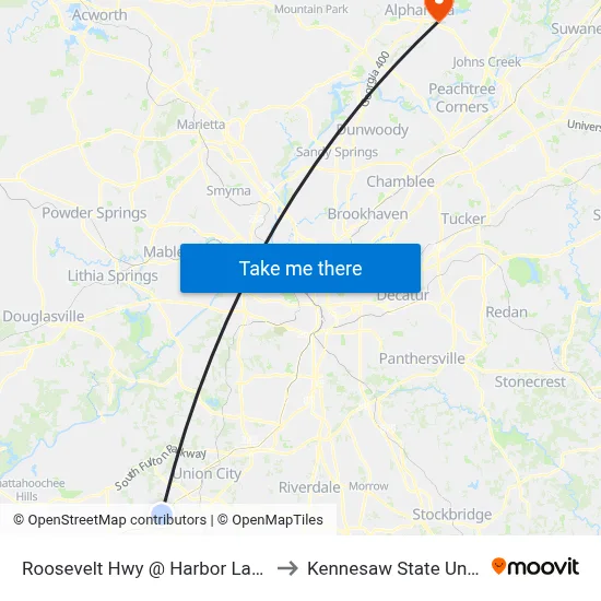 Roosevelt Hwy @ Harbor Lakes Pkwy to Kennesaw State University map