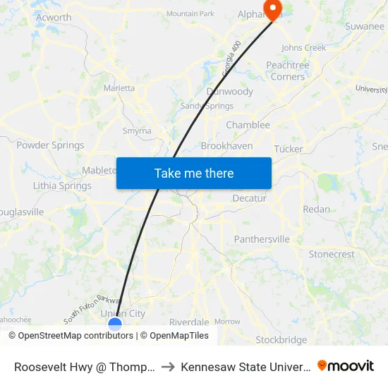Roosevelt Hwy @ Thompson to Kennesaw State University map