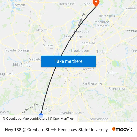 Hwy 138 @ Gresham St to Kennesaw State University map