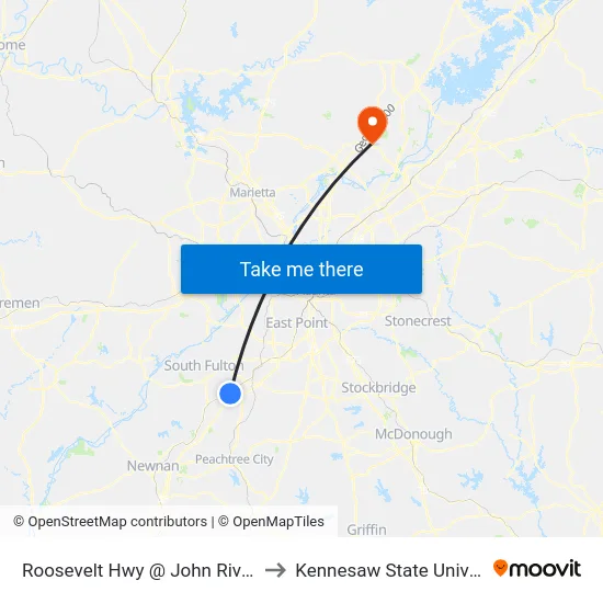 Roosevelt Hwy @ John Rivers Rd to Kennesaw State University map