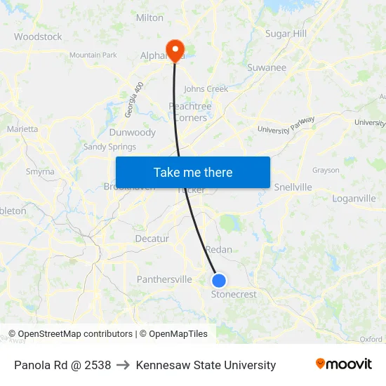 Panola Rd @ 2538 to Kennesaw State University map