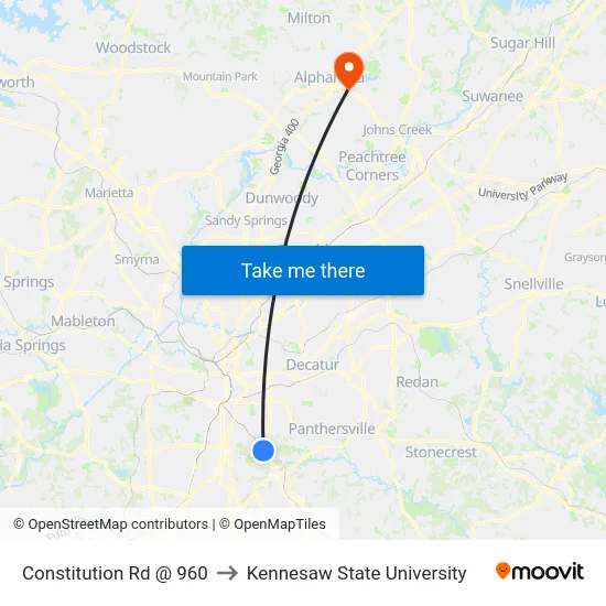Constitution Rd @ 960 to Kennesaw State University map