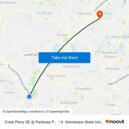 Cobb Pkwy SE @ Parkway Pointe SE to Kennesaw State University map