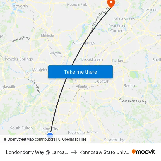 Londonderry Way @ Lancaster Ln to Kennesaw State University map