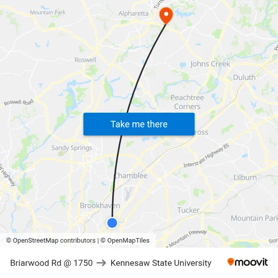 Briarwood Rd @ 1750 to Kennesaw State University map