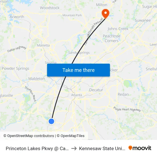 Princeton Lakes Pkwy @ Car Mia Dr to Kennesaw State University map