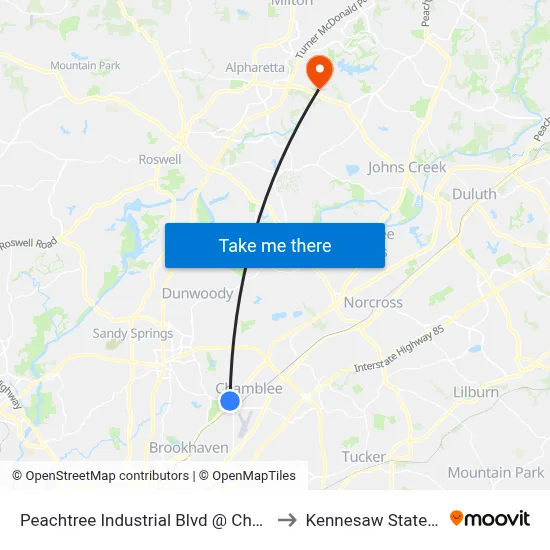 Peachtree Industrial Blvd @ Chamblee Tucker Rd to Kennesaw State University map