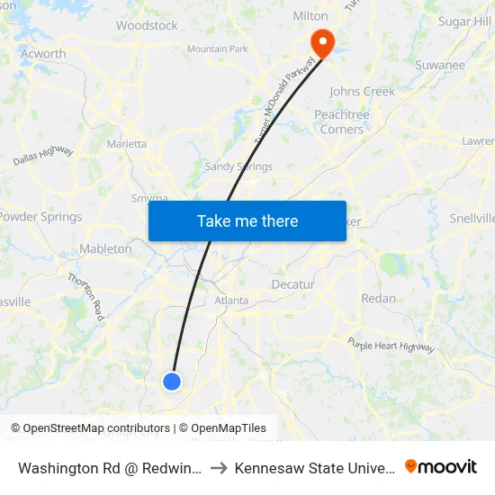Washington Rd @ Redwine Rd to Kennesaw State University map