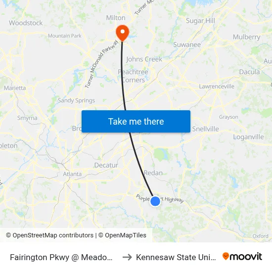 Fairington Pkwy @ Meadowood Cir to Kennesaw State University map