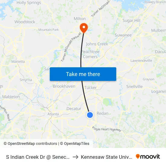 S Indian Creek Dr @ Seneca Way to Kennesaw State University map