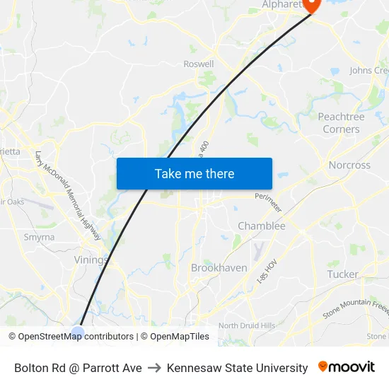 Bolton Rd @ Parrott Ave to Kennesaw State University map