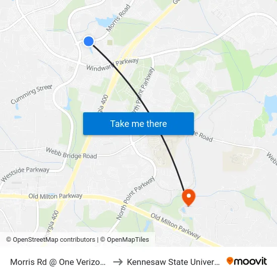 Morris Rd @ One Verizon Pl to Kennesaw State University map