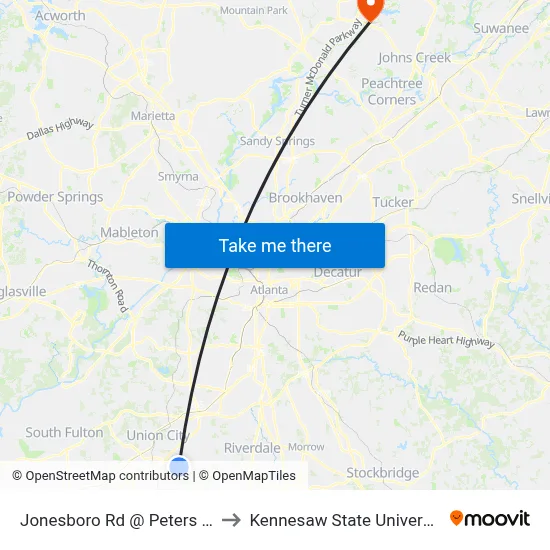 Jonesboro Rd @ Peters Rd to Kennesaw State University map