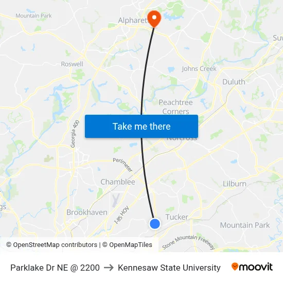 Parklake Dr NE @ 2200 to Kennesaw State University map