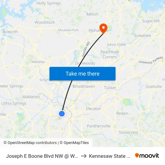 Joseph E Boone Blvd NW @ W Lake Ave NW to Kennesaw State University map