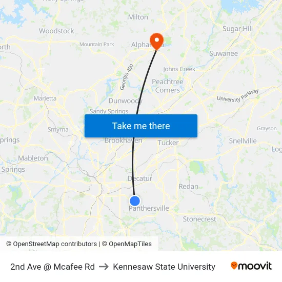 2nd Ave @ Mcafee Rd to Kennesaw State University map