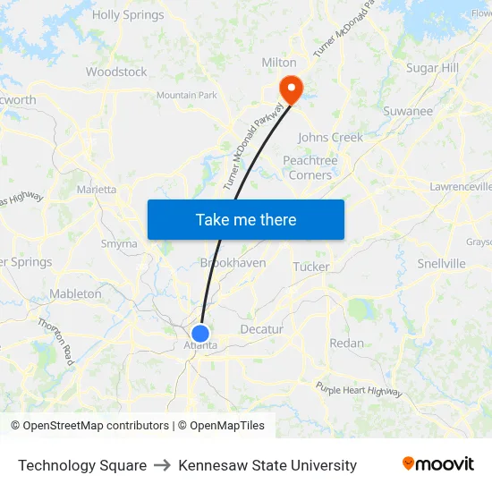 Technology Square to Kennesaw State University map