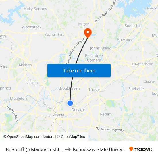 Briarcliff @ Marcus Institute to Kennesaw State University map