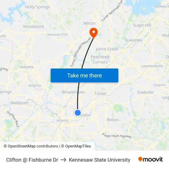 Clifton @ Fishburne Dr to Kennesaw State University map