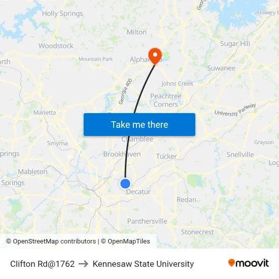 Clifton Rd@1762 to Kennesaw State University map