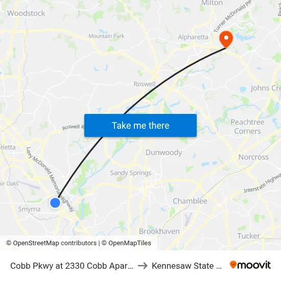 Cobb Pkwy at 2330 Cobb Apartment Homes to Kennesaw State University map