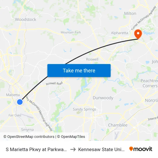 S Marietta Pkwy at Parkway Plaza to Kennesaw State University map