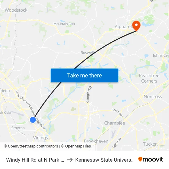 Windy Hill Rd at N Park Pl to Kennesaw State University map