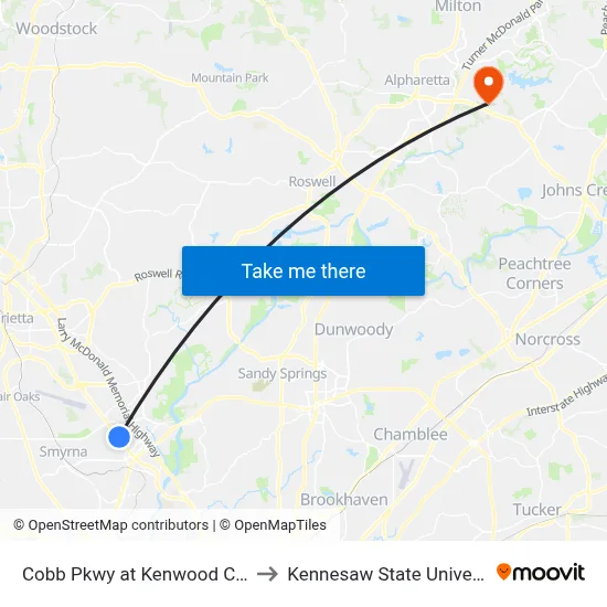 Cobb Pkwy at Kenwood Creek to Kennesaw State University map