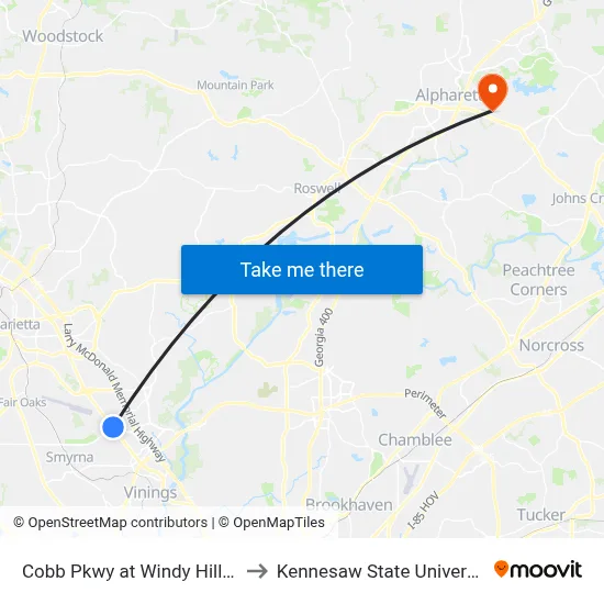 Cobb Pkwy at Windy Hill Rd to Kennesaw State University map
