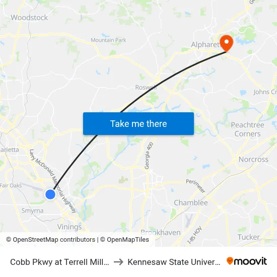 Cobb Pkwy at Terrell Mill Rd to Kennesaw State University map