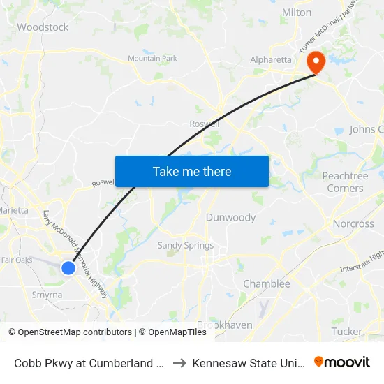 Cobb Pkwy at Cumberland Point Dr to Kennesaw State University map