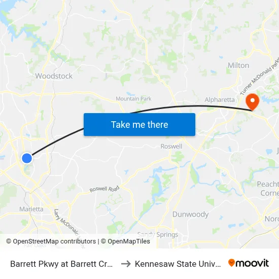 Barrett Pkwy at Barrett Creek Dr to Kennesaw State University map